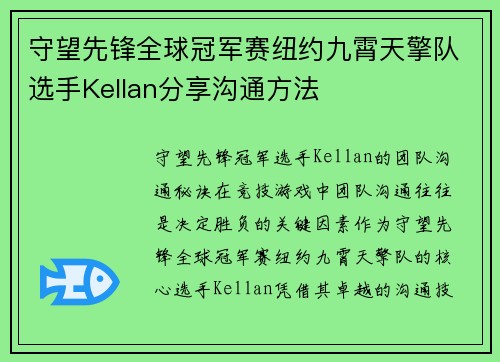守望先锋全球冠军赛纽约九霄天擎队选手Kellan分享沟通方法